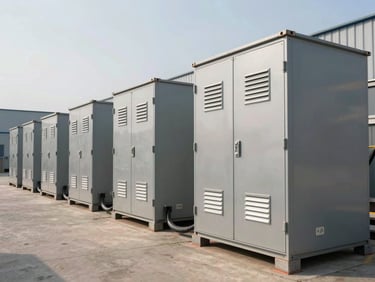 Ground-level wide shot of containerised battery storage units lined up in an industrial plant yard, steel enclosures with ventilation louvres, natural daylight, cable trays connecting units along the ground