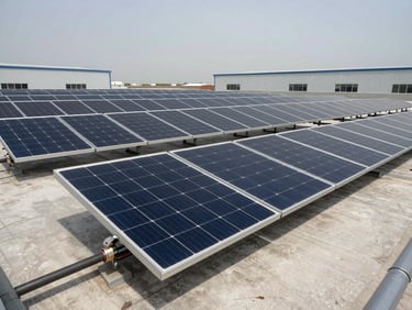 Close-up of commercial solar panel rows installed on a flat industrial rooftop, connection conduits visible at the panel bases, hard midday Gulf sunlight, wide-angle frame showing the scale of the array against a pale sky