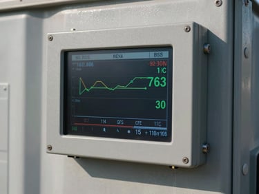 Close-up detail shot of a battery management system monitoring display mounted on a BESS container panel, real-time output readings visible on screen, natural daylight from the side, industrial metal surface surrounding the display, no people