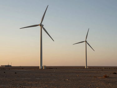 Wide environmental shot of two operational wind turbines standing in a flat Gulf desert landscape, golden-hour sidelight, turbine blades in motion, low horizon with industrial facility visible at left edge of frame