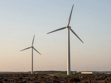 Wide environmental shot of two mid-scale wind turbines operating in an open Gulf industrial landscape, late-afternoon natural light, turbine towers prominent against a pale sky, service road visible at base