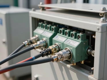Close-up detail of heavy-duty DC cabling terminations and connection points on a battery storage enclosure at an industrial site, natural daylight, raw steel conduit and labelled terminals visible, equipment scale apparent from surrounding plant infrastructure