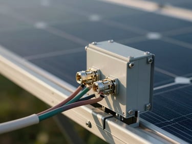 Close-up documentary shot of a solar array connection point — MC4 connectors, conduit entry into a combiner box, wiring loomed neatly against a galvanised rail, natural afternoon light picking out the cable textures and metal surfaces, shallow depth of field with the panel rows blurred behind