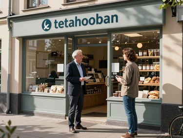 A wide environmental portrait of a local bank manager talking with a small business owner in a sunlit bakery, soft Scandinavian daylight, natural shadows.