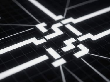 Abstract geometric representation of data flow, stark white blocks routing through a dark grid architecture.