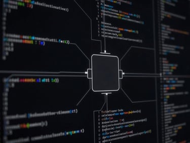 Dark mode digital rendering of a code architecture diagram, crisp technical lines highlighting a central node.