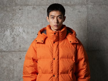 Editorial studio fashion shot of a model in a bold orange puff jacket, concrete industrial wall behind, high-contrast lighting, 35mm lens