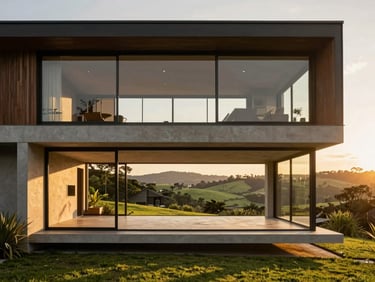 High-end contemporary house with massive windows overlooking a green valley in Jundiaí, warm sunset light, 35mm lens