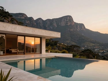 High-end architectural villa with clean lines and infinity pool reflecting the sunset over the Serra do Japi mountains, wide environmental shot