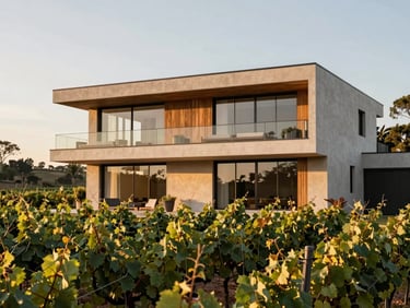 Beautiful modern villa near a private vineyard in Vinhedo, soft morning light, architectural editorial photography