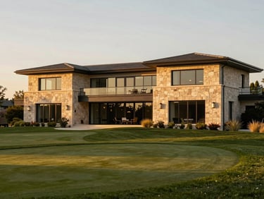 Warm editorial photography of a modern luxury estate with stone walls and glass facade, overlooking a private golf course at golden hour, 35mm lens