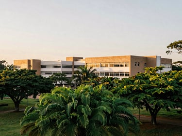 Lush green campus of a modern school in Campinas, soft morning light, architectural scale, 35mm lens