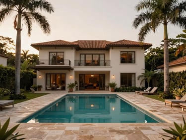 Stunning luxury estate with a clean swimming pool surrounded by palm trees and lush gardens in Campinas, golden hour