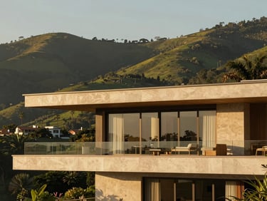 Architectural detail of a luxury villa overlooking the green hills of Jundiaí, warm afternoon sun, 35mm lens