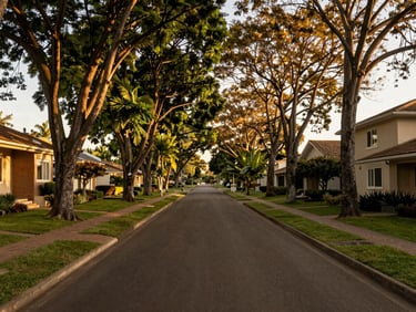 Quiet tree-lined street inside an exclusive gated community in Vinhedo, golden hour, safety and serenity, 35mm lens