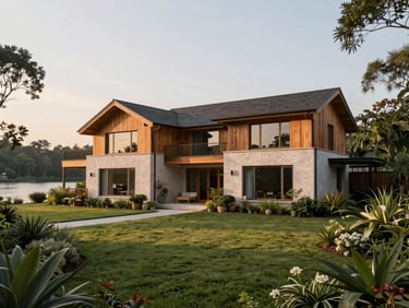 Contemporary countryside house with wood accents, surrounded by lush manicured gardens and a serene private lake, soft morning light