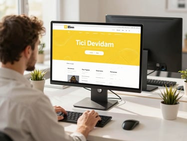 A professional developer at a clean modern workstation designing a sleek web interface, clean commercial photography, bright natural daylight, high-contrast warm tones with yellow accents, sharp focus, 35mm lens