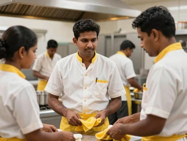 Active hospitality staff in crisp uniforms working in a bright commercial kitchen in Chennai, clean commercial photography, bright natural daylight, high-contrast warm tones with yellow accents, sharp focus, 35mm lens