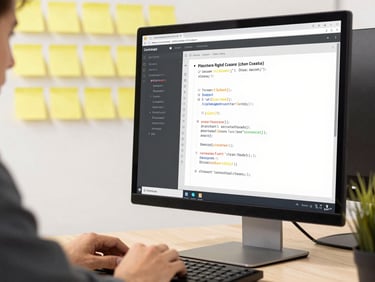 Clean commercial photography of a developer writing clean code on a monitor, bright natural daylight, high-contrast warm tones, yellow post-it notes in background, sharp focus, 35mm lens