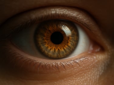 Intimate close-up of a human iris under examination light, amber and slate tones, soft north-facing daylight, shallow depth of field revealing the fine texture of the eye