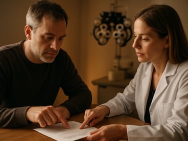 Patient seated at a consultation desk reviewing printed prescription notes with an optometrist, warm tungsten light from the side, hands pointing to specific lines on the document, intimate medium shot