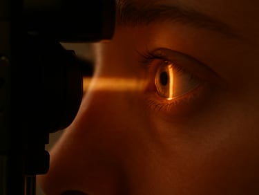 Close-up of an optometrist's eye examining instrument, slit-lamp beam crossing a patient's iris in soft amber clinical light, intimate framing showing only the lamp and eye detail