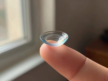 Intimate close-up of a contact lens resting on a fingertip held up to soft window light, the lens surface showing subtle optical curvature, warm ambient light in the background, shallow focus