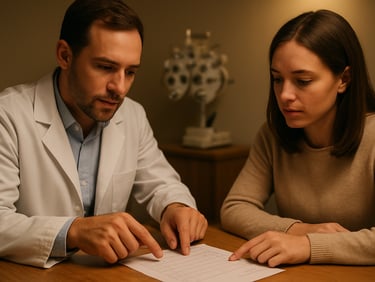Optometrist and patient reviewing a printed prescription together at a consultation desk, soft warm light from above, hands pointing to the document, medium environmental framing