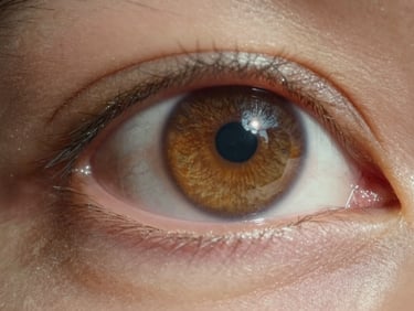 Intimate close-up of a human iris under soft north-facing daylight, fine trabecular detail visible, shallow depth of field, warm amber tones at the pupil edge