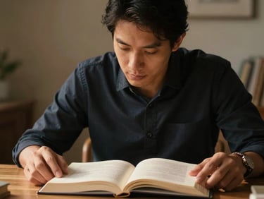 Medium shot of a person reading at a desk under warm tungsten light, eyes focused on text, hands resting on an open book, calm consultation atmosphere