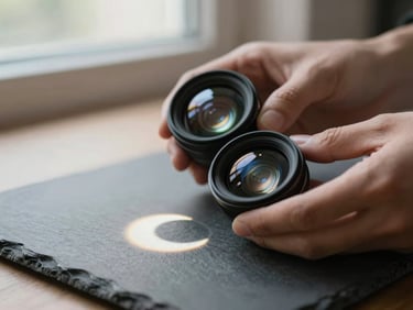 Close-up of hands holding two optical lenses up to soft window light, refractive properties visible as gentle light rings on a slate surface