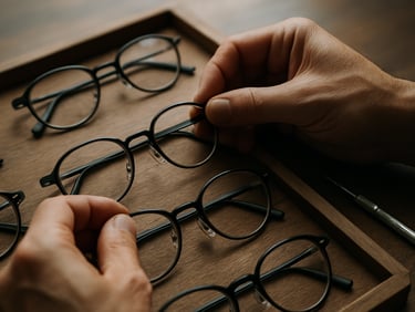 Close-up of skilled hands adjusting the nose bridge of eyeglass frames on a wooden fitting tray, soft north-facing daylight, lens surfaces catching the light to reveal optical clarity, tools visible in the background