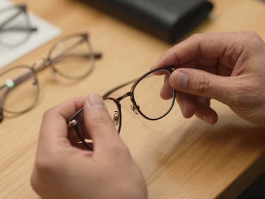 Close-up of hands carefully adjusting eyeglass frames on a wooden consultation surface, warm tungsten light from the side, shallow focus on the hinge detail