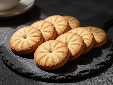 Gourmet artisanal biscuits arranged elegantly on a dark slate plate, warm side lighting, high-contrast editorial photography, 35mm