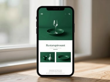 Straight-on device mockup of a premium restaurant website on a mobile screen, soft natural window light, deep emerald green accents, high contrast shadows