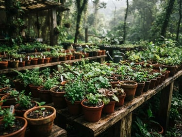 Dappled forest sunlight filtering through a rustic nursery canopy in Mairiporã, displaying rows of vibrant green seedlings and textured terracotta pots on raw wooden tables, misty mountain air