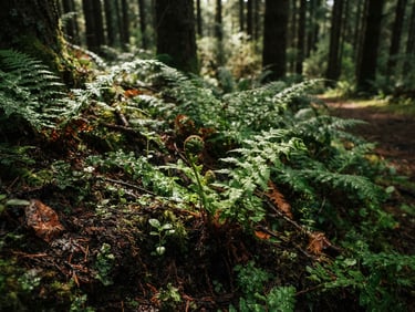 Dappled forest light filtering through pine trees, closeup of lush green native ferns and seedlings growing in rich dark soil, moody botanical photography, shallow depth of field