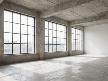 Clean architectural interior of a modern residential loft with concrete floors and large industrial windows showing bright daylight.