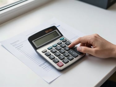 Overhead detail shot of a printed invoice and a calculator placed on a clean white desk with a hand entering weight figures, daylight from a side window, no props beyond the documents