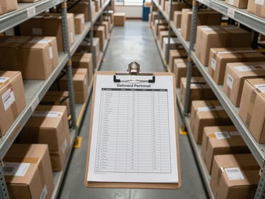 Wide overhead shot of a warehouse sorting floor with clearly labelled parcel rows and a clipboard showing tally columns for delivered, pending, and returned parcels, clean daylight from skylights