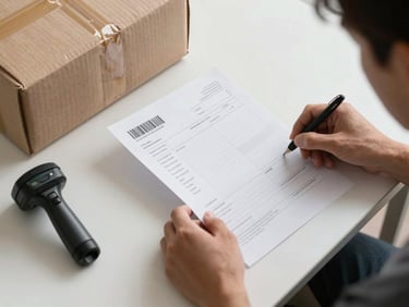 Overhead clean daylight shot of hands placing a printed shipping invoice beside a sealed parcel on a white sorting table, a barcode scanner resting nearby, sharp focus on the invoice text rows