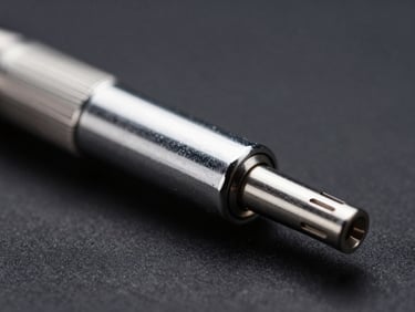 Macro low-key shot of a metallic fluid needle and split nozzle tip, silver chrome texture, dark charcoal background, sharp rim lighting