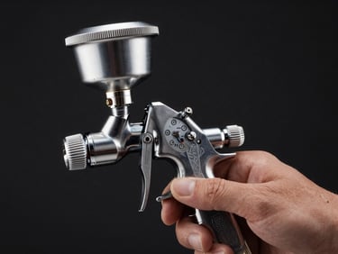 Close-up of a professional painter hand adjusting a metallic silver pressure gauge on an Iwata spray gun, dark studio lighting, high contrast