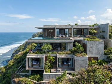 Wide-angle architectural elevation of a modern luxury villa in Uluwatu, raw concrete walls, sharp lines, bright tropical daylight