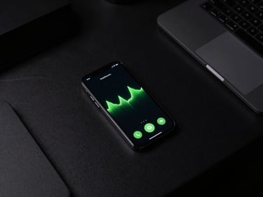 Overhead flat lay of a dark office desk, a modern smartphone displaying an active call screen with a glowing green wave, low-key ambient lighting, sharp minimalist composition