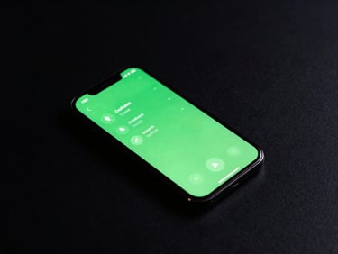 Overhead macro shot of a clean dark desk setup, glowing green smartphone screen displaying active call logs, low-key ambient lighting, sharp minimalist composition