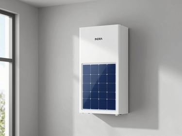 A clean minimalist residential utility room with INDRA solar storage unit mounted on a matte grey wall, neat setup, bright natural light, 35mm