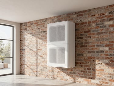 Modern design studio interior with high ceilings, a discreet energy storage unit on a brick wall, soft daylight, professional clean aesthetic, 35mm
