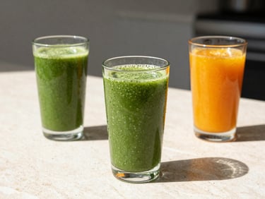 Vibrant cold-pressed green and orange smoothies in clean minimalist glassware on a light stone counter, direct South Florida sunlight, sharp clean shadows