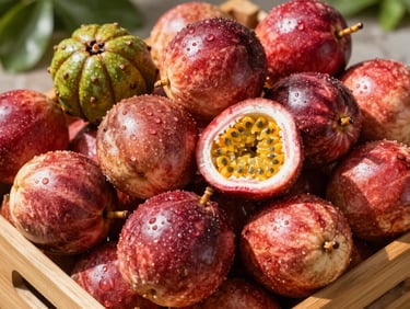 A wooden crate overflowing with whole ripe passion fruit, mamey sapote, and red guavas, glistening with morning dew, direct bright sunlight